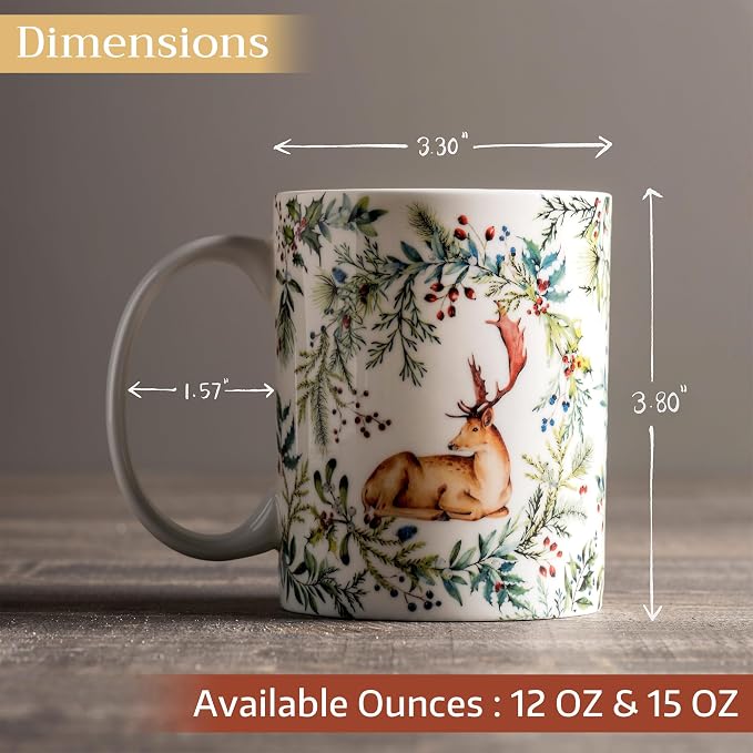 Maison d' Hermine Coffee Mug with Handles Tea Cups (15 Ounce, Pack of 1) | Fine Bone China Coffee Mugs for Hot Beverages Cappuccino Latte Home Restaurant Hotel Spring Summer -Holly Time - Cerf