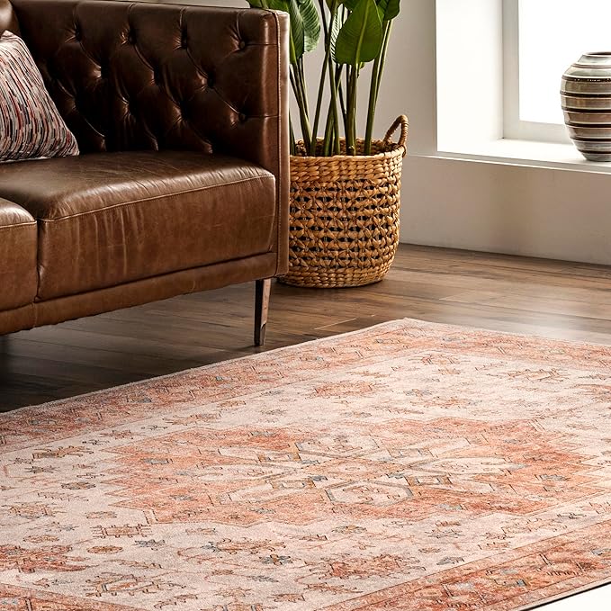nuLOOM Dawson Machine Washable Distressed Medallion Ultra Thin Area Rug, 6' x 9', Peach