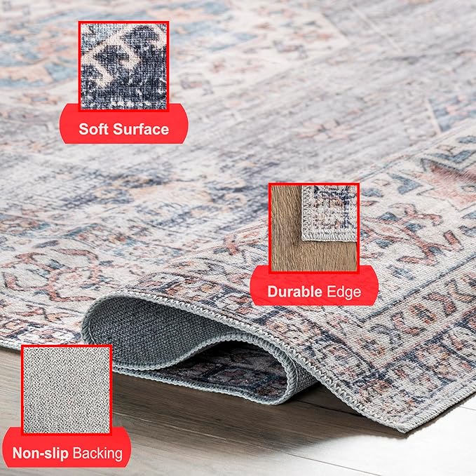nuLOOM Drina Distressed Machine Washable Ultra Thin Area Rug, 8' x 10', Blue