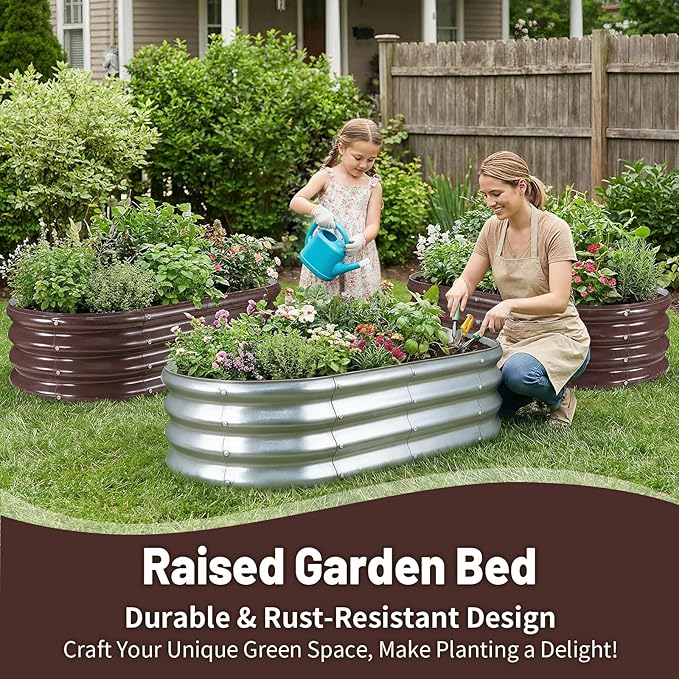 GOOZOO Galvanized Planter Raised Garden Bed, 4x2x1ft Raised Garden Bed Kit for Gardening Outdoor, Oval Metal Land Planter Box for Vegetables, Fruits, Flowers(Brown)