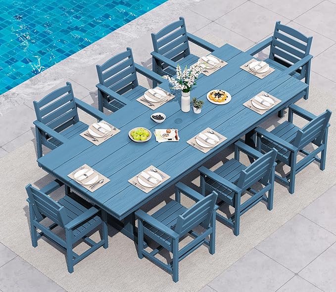 SERWALL 9 Piece Outdoor Dining Set, 84" HDPE Outdoor Table and Chairs for 8,All Weather Patio Furniture Set with Umbrella Hole for Backyard, Garden, Blue