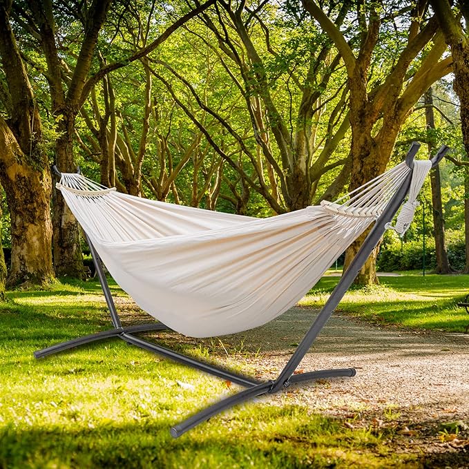 SZHLUX Double Hammock with Stand Included 450lb Capacity Steel Stand, Premium Carry Bag Included.Indoor Outdoor Brazilian-Style Cotton Bed for Backyard, Camping,Garden, Beige
