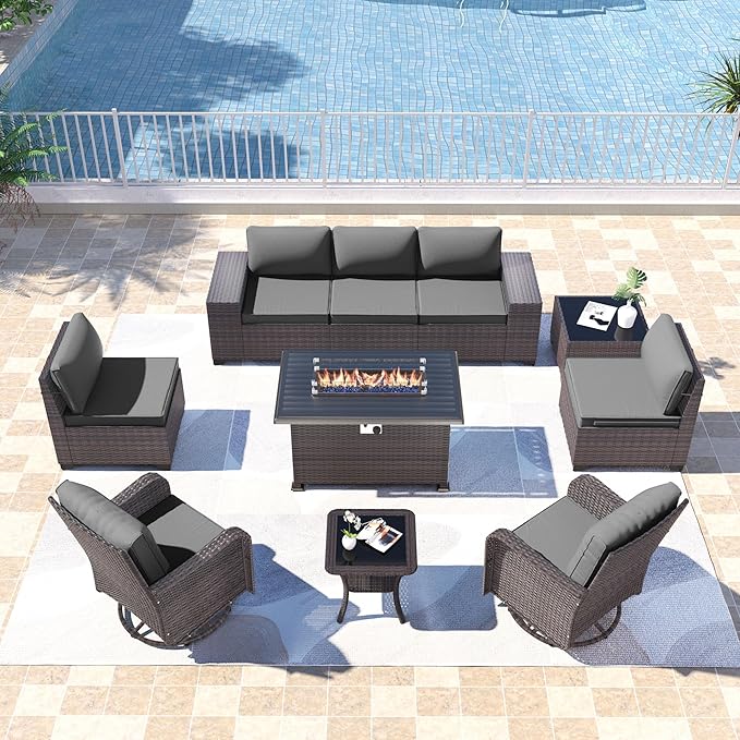 Kullavik 10 Pieces Outdoor Patio Furniture Set,PE Wicker Rattan Sectional Sofa Patio Conversation Sets with 43" 55000BTU Gas Propane Fire Pit Table,Swivel Rocking Chairs Set,Grey