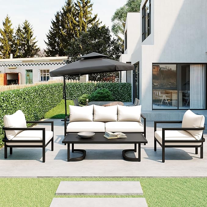 Merax 4 Piece Sectional Furniture Patio Sofa Multi-Person Outdoor Steel Sofa Set, Waterproof, Anti-Rust and Anti-uv, Suitable for Gardens and Lawns,Beige