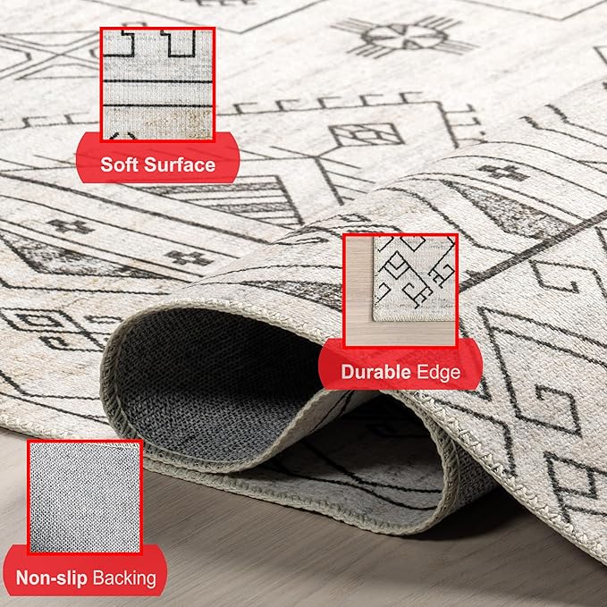 nuLOOM Malena Tribal Bordered Machine Washable Ultra Thin Runner Rug, 2' 6" x 8', Light Grey