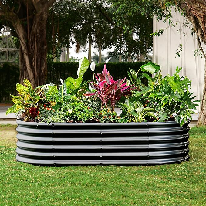 Land Guard 6x3x1.5ft Galvanized Raised Garden Bed Kit, Metal Planter Boxes Outdoor, Oval Metal Raised Garden Bed for Vegetables, Flowers (Dark Gray)