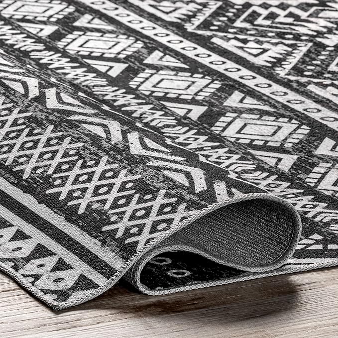 nuLOOM Madlyn Tribal Machine Washable Ultra Thin Area Rug, 5' x 8', Charcoal
