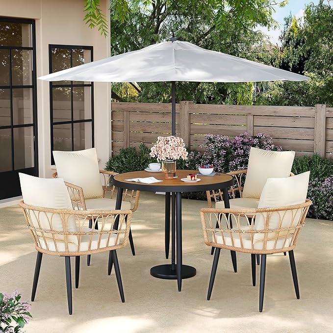 Pamapic 5-Pieces Patio Dining Set with Wood Table Top, All-Weather PE Rattan Patio Furniture Set, Outdoor Dining Furniture with Removable Cushion Chairs & Round Table for Garden Lawn Patio,Cream