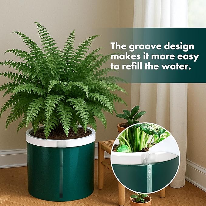 D'vine Dev 10 Inch Design Self Watering Planter for Indoor Plants, White Terracotta Pot with Teal Cylinder Glass Cup, 37-X-D-5