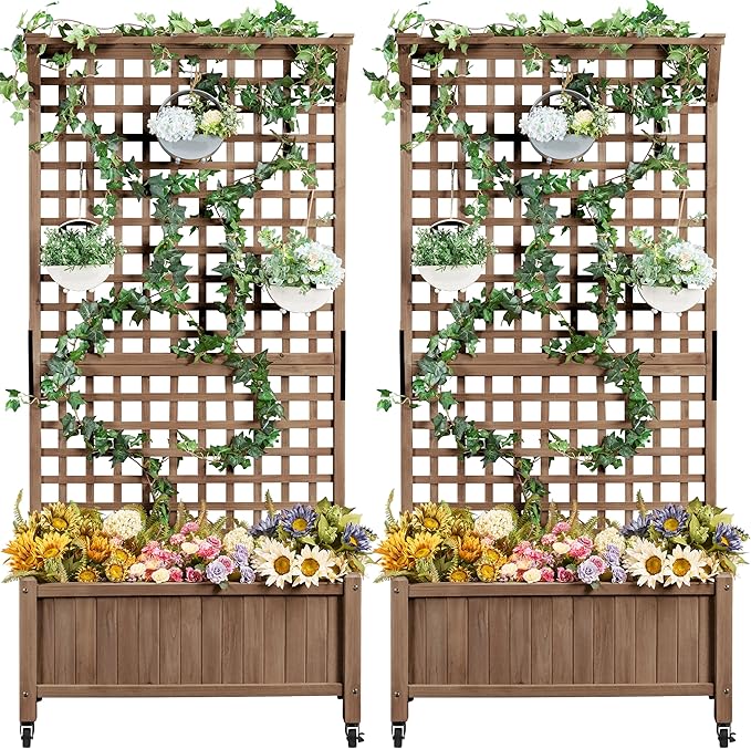 Yaheetech 72" H Garden Planter with Trellis for Vine Climbing Horticultural Plants, Outdoor Raised Box with Drainage Holes, Raised Garden Bed for Flowers, Dark Brown, 2pcs