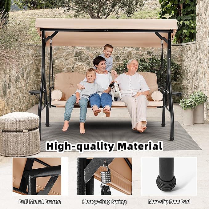 HOMREST 3 Seat Outdoor Porch Swing with Adjustable Canopy, Convertible Patio Swing Bed with Stand, Patio Glider Swing with Upgraded Cup Holder, Thicken Cushions & Pillow for Backyard(Khaki)