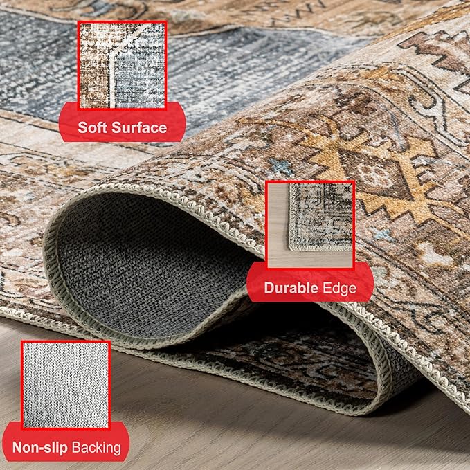 nuLOOM Gracie Distressed Medallion Machine Washable Ultra Thin Area Rug, 8' x 10', Blue
