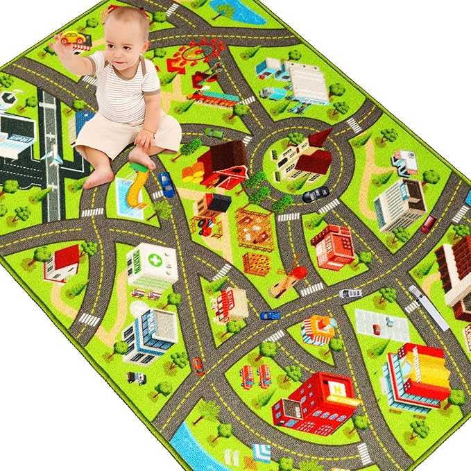 Kids Rugs Traffic Road Carpet for Car City Map Play Rug 3.3'×5' for Playroom Educational Mat Area Rug, Kid Playtime Collection Toddler Car Track Rug Cute Cartoon (City Road A, 39.4×59 in)