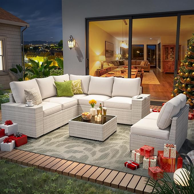 8 Piece Outdoor Patio Furniture Set, Outdoor Sectional Furniture, Rattan & Wicker Modern Modular Conversation Set Sofa Couch W/Water Resistant Washable Thick Cushions and Coffee Table, Beige