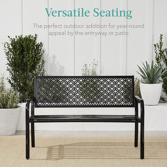 Best Choice Products Outdoor Bench 2-Person Metal Steel Benches Furniture for Garden, Patio, Porch, Entryway w/Geometric Backrest, 790lb Capacity – Black
