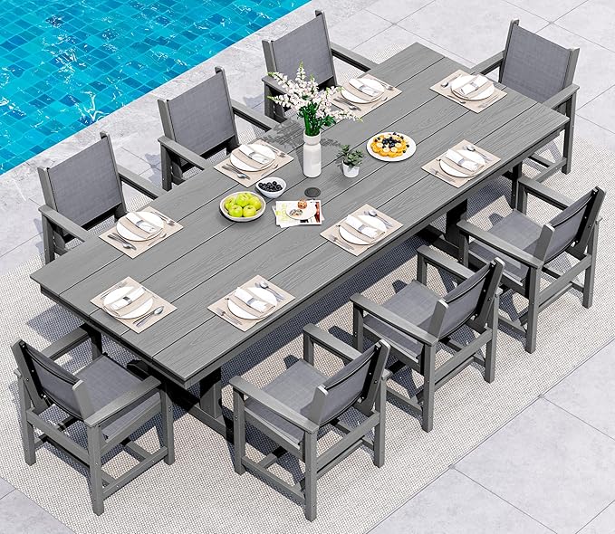 SERWALL 9 Piece Outdoor Dining Set, 84" HDPE Outdoor Large Table and Texilene Chairs for 8,All Weather Patio Dining Furniture Set with Umbrella Hole for Backyard, Garden, Gray