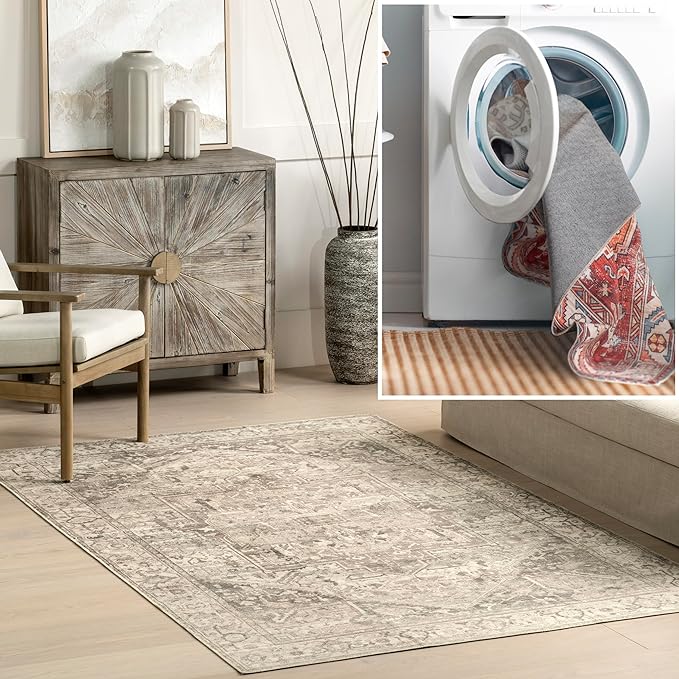 nuLOOM 2x3 Machine Washable Rain Haven Vintage Medallion Area Rug, Grey, Traditional Faded Design, Non-Slip Backing, Stain Resistant, For Bedroom, Dining Room, Living Room, Kitchen
