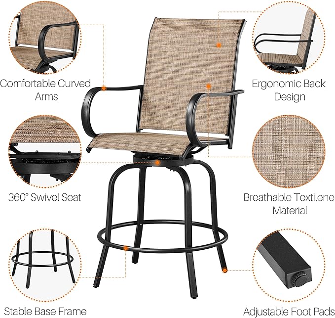 Yaheetech Patio Swivel Barstools Outdoor Chairs Set of 4, High Bistro Stools Outdoor Furniture, All-Weather Patio Stools for Outside, Beach, Lawn, Poolside and Garden, Black/Brown