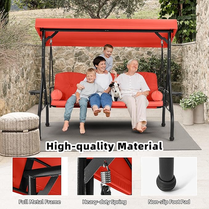 HOMREST 3 Seat Outdoor Porch Swing with Adjustable Canopy, Convertible Patio Swing Bed with Stand, Patio Glider Swing with Upgraded Cup Holder, Thicken Cushions & Pillow for Backyard(Orange)