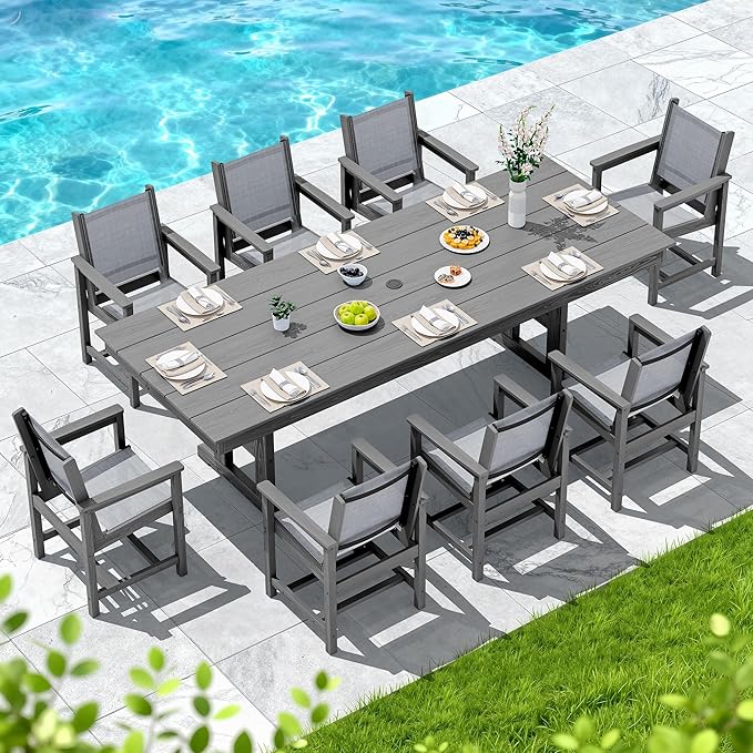SERWALL 9 Piece Outdoor Dining Set, 84" HDPE Outdoor Large Table and Texilene Chairs for 8,All Weather Patio Dining Furniture Set with Umbrella Hole for Backyard, Garden, Gray
