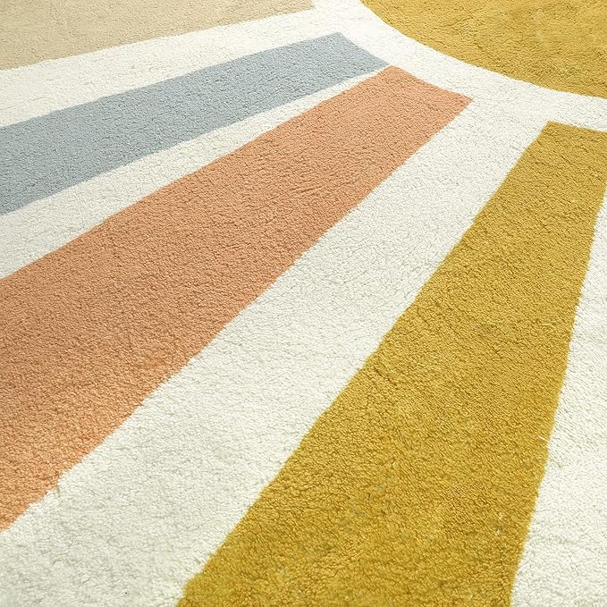 Boho Washable Rug 5 Ft Round Area Rug for Bedroom, Rainbow Circle Kids Rug for Office, Non-Slip Circluar Carpet Soft Sunshine Rug for Dorm Nursery Sofa Living Room Corner