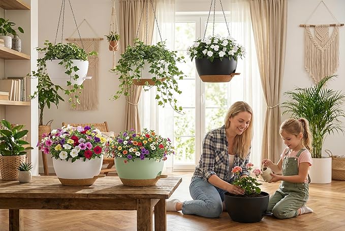 Hanging Planters, 3-Pack 10 Inch Self-Watering Pots with Drainage Holes and Chains, Matte Plastic Planters for Indoor/Outdoor Plant(White)