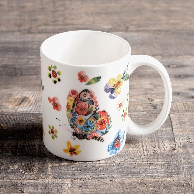 Maison d' Hermine Coffee Mug with Handles Tea Cups (15 Ounce, Pack of 1) | Fine Bone China Coffee Mugs for Hot Beverages Cappuccino Latte Home Spring Summer -Happy Florals - High Summer Butterfliess