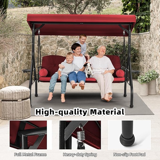 HOMREST 3 Seat Outdoor Porch Swing with Adjustable Canopy, Convertible Patio Swing Bed with Stand, Patio Glider Swing with Upgraded Cup Holder, Thicken Cushions & Pillow for Backyard (Wine Red)