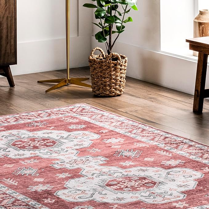 nuLOOM Norma Machine Washable Traditional Medallion Ultra Thin Area Rug, 3' x 5', Rust