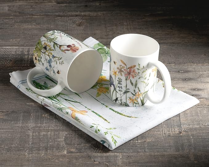 Maison d' Hermine Coffee Mug with Handles Tea Cups (15 Ounce, Pack of 2) | Fine Bone China Coffee Mugs for Hot Beverages Cappuccino Latte Home Restaurant Hotel Spring Summer -Fleurs De Mai