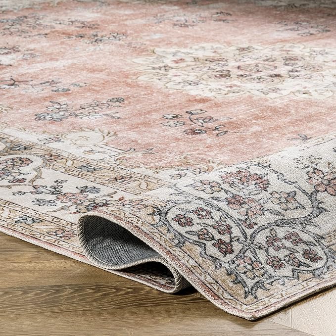 nuLOOM Ren Vintage Floral Machine Washable Ultra Thin Accent Rug, 2x3, Peach