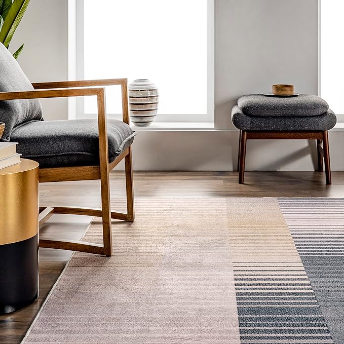 nuLOOM Lennie Modern Multi Striped Machine Washable Ultra Thin Runner Rug, 2' 6" x 8', Beige