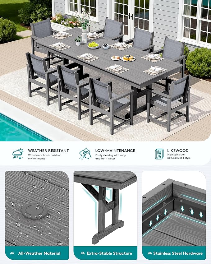 SERWALL 9 Piece Outdoor Dining Set, 84" HDPE Outdoor Large Table and Texilene Chairs for 8,All Weather Patio Dining Furniture Set with Umbrella Hole for Backyard, Garden, Gray