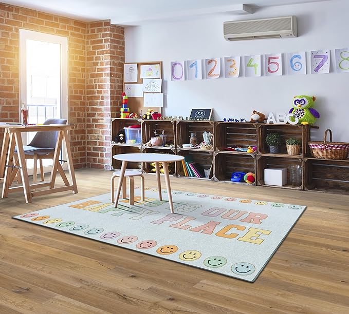 Flagship Carpets Schoolgirl Style This is Our Happy Place on Blue Educational Area Rug for Kids Room Seating Décor, Children's Classroom, Play Carpet for Teaching and Playroom, 5' x 7'6"