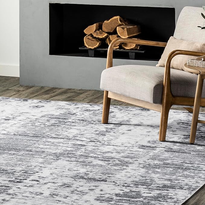 nuLOOM Alva Faded Abstract Machine Washable Ultra Thin Runner Rug, 2' 6" x 8', Light Grey