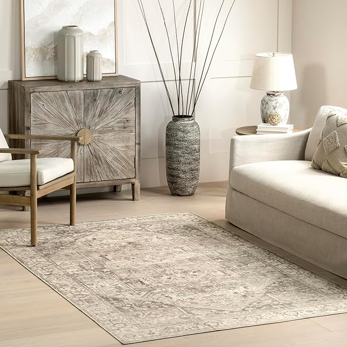 nuLOOM 2x3 Machine Washable Rain Haven Vintage Medallion Area Rug, Grey, Traditional Faded Design, Non-Slip Backing, Stain Resistant, For Bedroom, Dining Room, Living Room, Kitchen