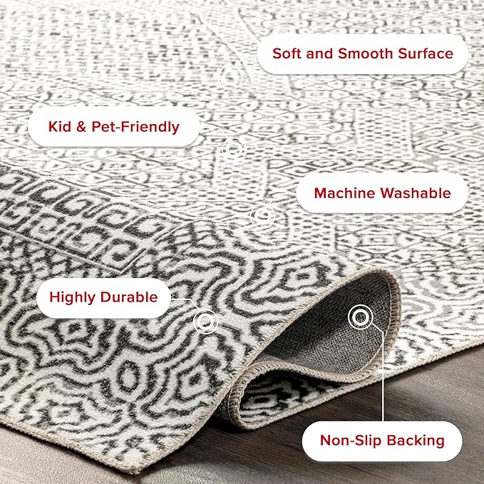 nuLOOM Abstract Tribal Machine Washable Ultra Thin Area Rug, 8' Square, Grey