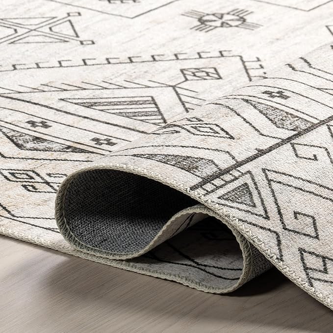 nuLOOM Malena Tribal Bordered Machine Washable Ultra Thin Runner Rug, 2' 6" x 8', Light Grey