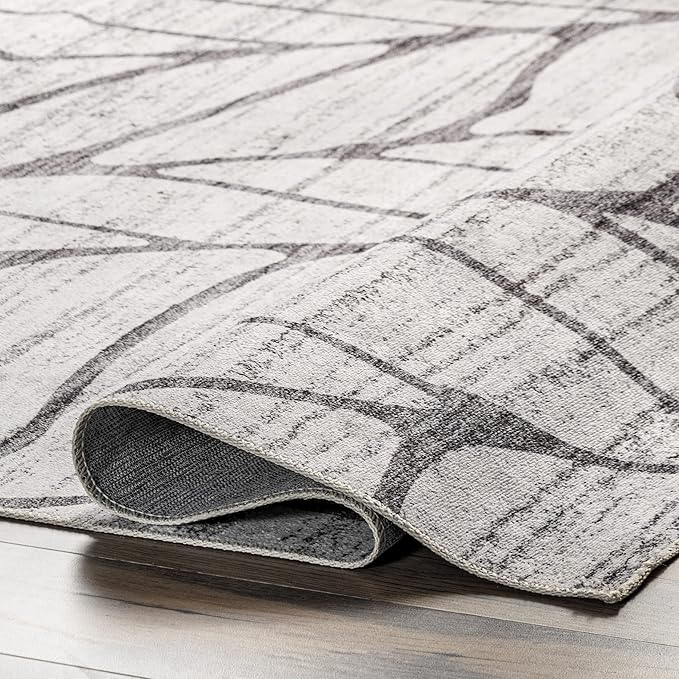 nuLOOM Lanette Abstract Leaves Machine Washable Ultra Thin Runner Rug, 2' 6" x 8', Light Grey
