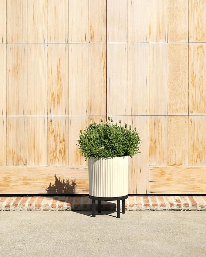 Veradek Demi Series Round Planter w/Stand for Porch/Patio | Durable Plastic-Stone Composite & Wooden Stand | Modern Décor for Tall Plants, Flowers