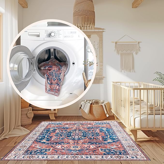 nuLOOM 3x5 Machine Washable Rain Haven Vintage Medallion Area Rug, Rust, Traditional Faded Design, Non-Slip Backing, Stain Resistant, For Bedroom, Dining Room, Living Room, Kitchen