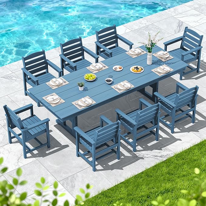 SERWALL 9 Piece Outdoor Dining Set, 84" HDPE Outdoor Table and Chairs for 8,All Weather Patio Furniture Set with Umbrella Hole for Backyard, Garden, Blue