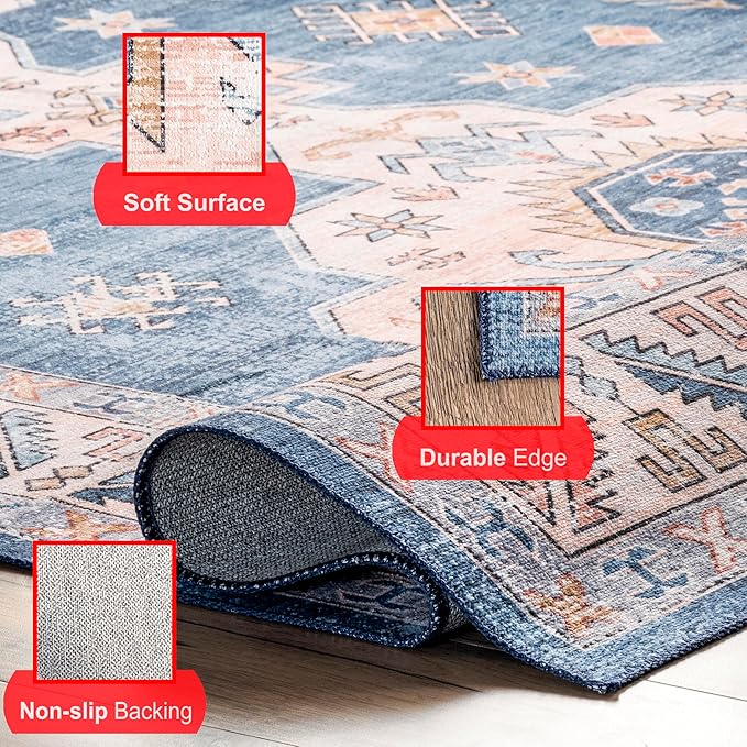 nuLOOM Norma Machine Washable Traditional Medallion Ultra Thin Runner Rug, 2' 6" x 8', Blue