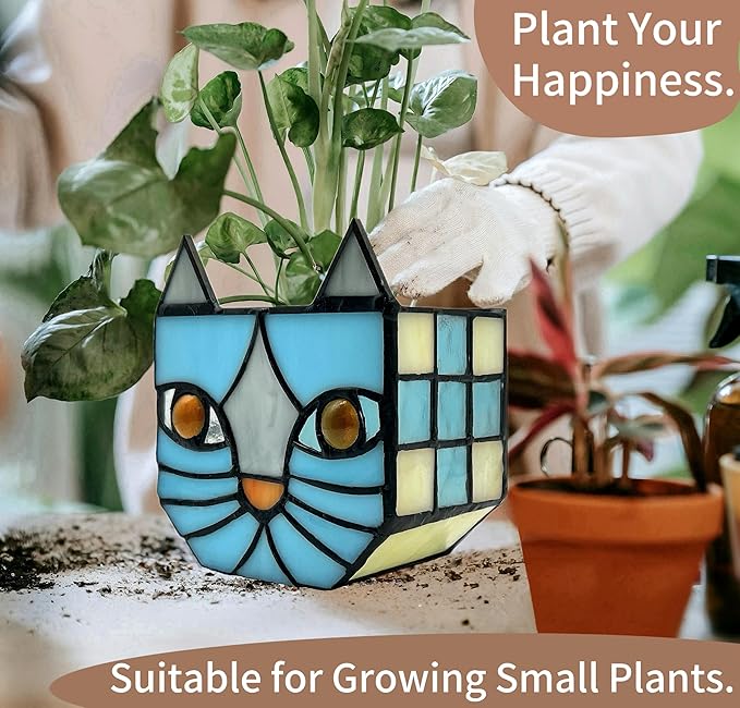 Stained Glass Blue Cat Planter,Plant pots with Drainage Holes, Plant Flower Pot for Houseplants and Succulents,Cute Blue Cat Plant Lover Gift 4.6x3x5.15 in