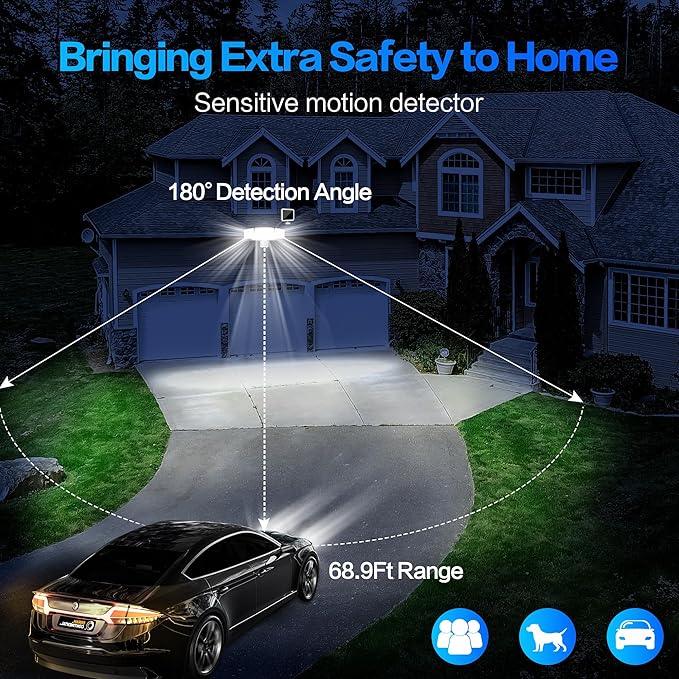 Energetic Solar Outdoor Lights, 1800LM 150 LED Security Motion Sensor Outdoor Lights with Remote Control, IP65 Waterproof Floodlight, 3 Head Motion Detected Spotlight for Garage, Pack of 2 (White)