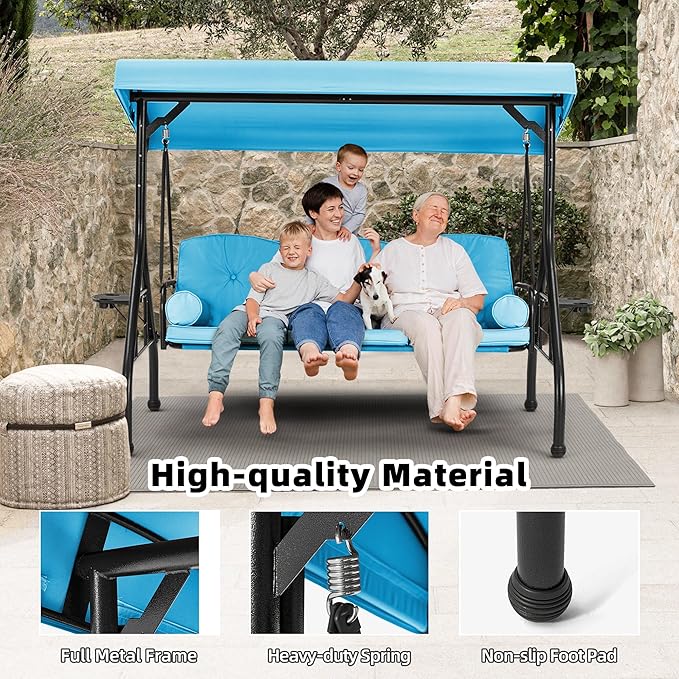 HOMREST 3 Seat Outdoor Porch Swing with Adjustable Canopy, Convertible Patio Swing Bed with Stand, Patio Glider Swing with Upgraded Cup Holder, Thicken Cushions & Pillow for Backyard(Sky Blue)