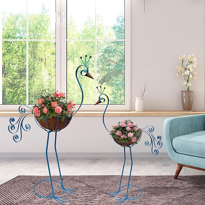Metal Peacock Planter with Fiber Basket -Garden Bird Planters for Outdoor Indoor Lawn,Yard,Porch,Patio, Garden Decorations(Set of 2)