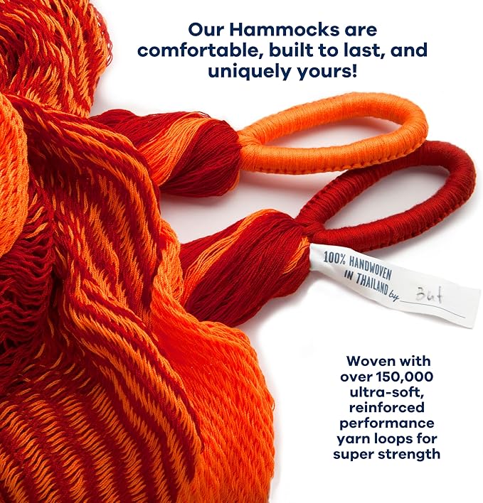 Handwoven Hammock by Yellow Leaf Hammocks - Family Size, Fits 2+ PPL, 550lb max - Weathersafe, Super Strong, Easy to Hang, Ultra Soft, Artisan Made - Color: Red - Orange