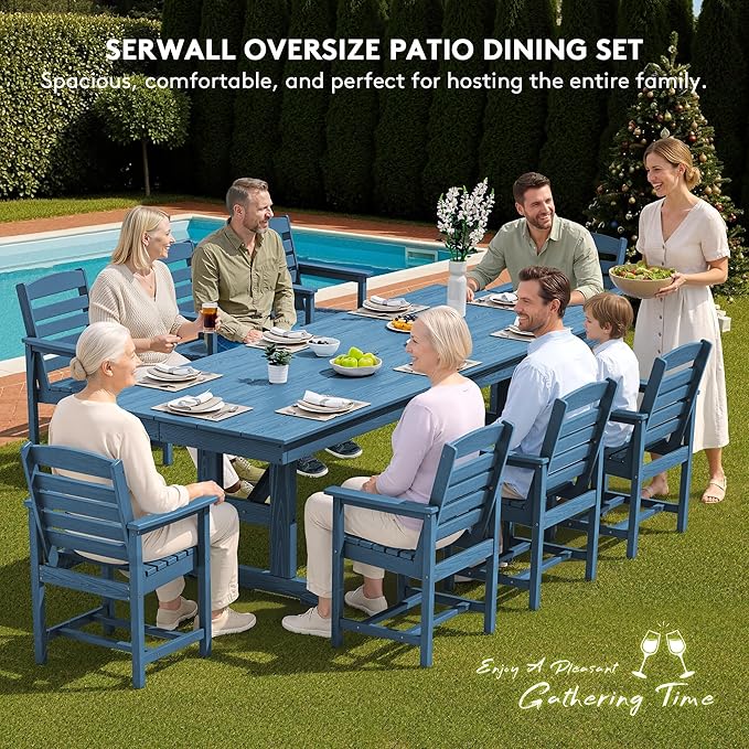 SERWALL 9 Piece Outdoor Dining Set, 84" HDPE Outdoor Table and Chairs for 8,All Weather Patio Furniture Set with Umbrella Hole for Backyard, Garden, Blue
