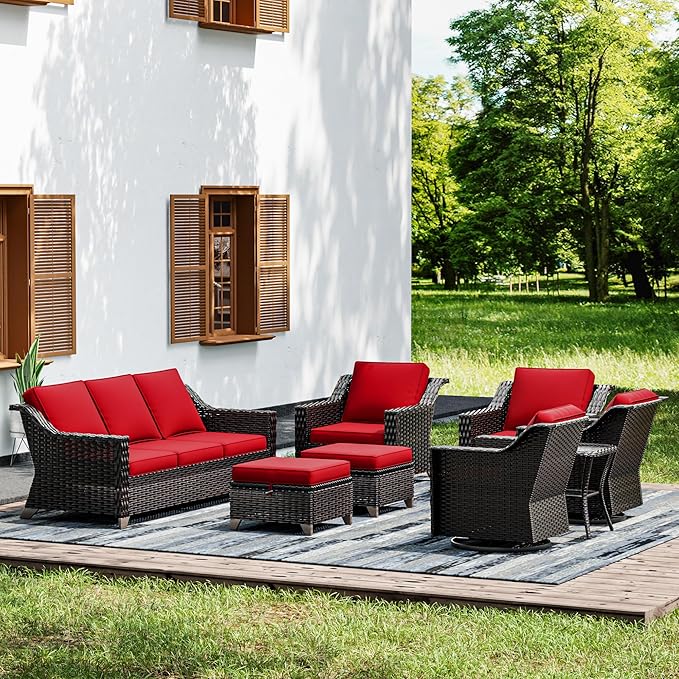 Joyside Wicker Patio Furniture Sets, 8 Pieces Upgraded Large Size Outdoor Furniture with Swivel Rocking Patio Chairs, Patio Dining Chair, 3-Seat Sofa, Outdoor Ottoman, Thick Cushions, Wide Armrest